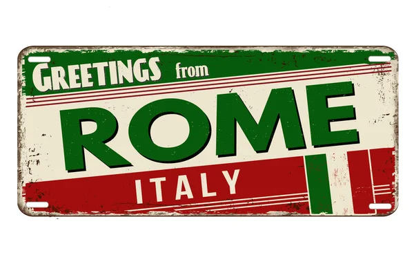Salutations Rome Plaque Métallique Rouillée Vintage Sur Fond Blanc Illustration — Image vectorielle