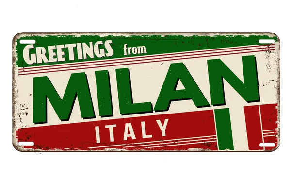 Salutations Milan Plaque Métallique Rouillée Vintage Sur Fond Blanc Illustration — Image vectorielle