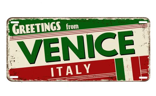Salutations Venise Plaque Métallique Rouillée Vintage Sur Fond Blanc Illustration — Image vectorielle