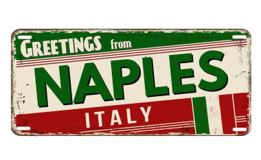 Greetings from Naples vintage rusty metal plate on a white background, vector illustration clipart