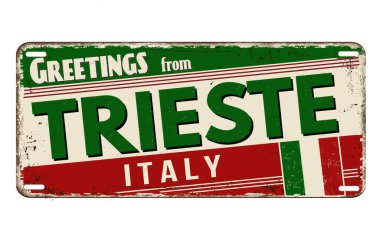 Beyaz arka planda Trieste klasik paslı metal plakadan selamlar, vektör illüstrasyonu