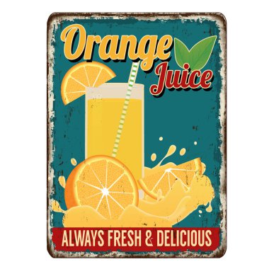 Beyaz arka planda portakal suyu, paslı metal tabelası, vektör illüstrasyonu