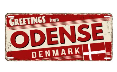 Beyaz arka planda Odense vintage paslı metal plakadan selamlar, vektör illüstrasyonu