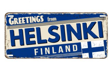 Helsinki 'den selamlar beyaz arka planda paslı metal plaka, vektör illüstrasyonu