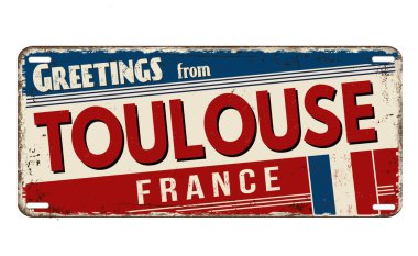 Beyaz arka planda Toulouse vintage metal plaka selamlar, vektör illüstrasyon