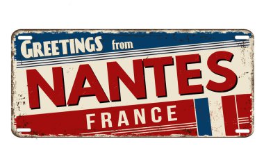 Beyaz arka planda Nantes vintage metal plaka selamlar, vektör illüstrasyon