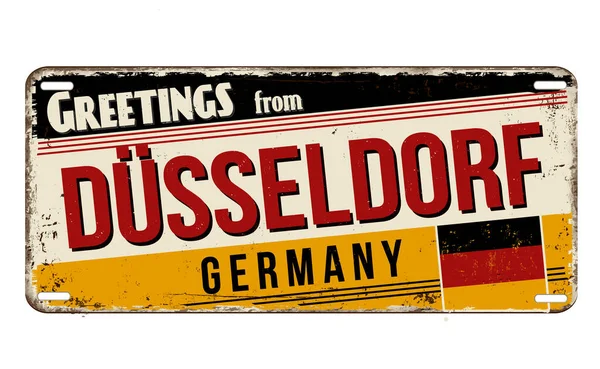 Greetings Dusseldorf Vintage Rusty Metal Plate White Background Vector Illustration — Stock Vector