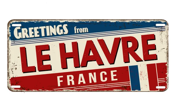 Groeten Van Havre Vintage Roestige Metalen Plaat Een Witte Achtergrond — Stockvector