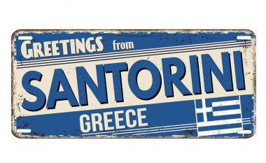 Santorini 'den selamlar beyaz arka planda paslı metal plaka, vektör illüstrasyonu