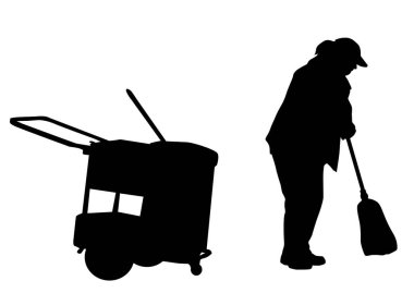 Beyaz arka planda süpürgeyle süpüren kadın silueti, vektör illüstrasyonu