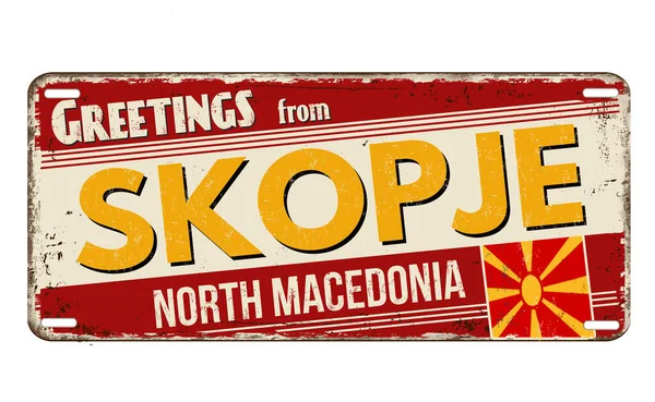 Greetings Skopje Vintage Rusty Metal Plate White Background Vector Illustration — Stock Vector
