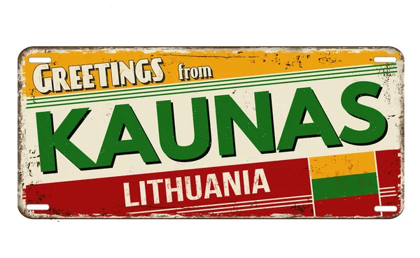 Saudações Kaunas Placa Metal Enferrujado Vintage Fundo Branco Ilustração Vetorial — Vetor de Stock