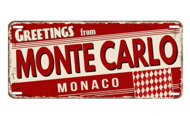 Monte Carlo 'dan selamlar. Beyaz arka planda paslı metal plaka, vektör illüstrasyonu.