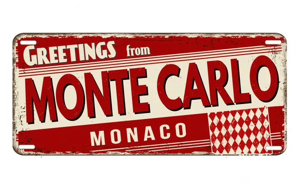 Greetings Monte Carlo Vintage Rusty Metal Plate White Background Vector — Stock Vector