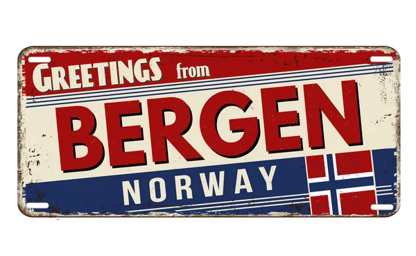 Saudações Bergen Placa Metal Enferrujado Vintage Fundo Branco Ilustração Vetorial — Vetor de Stock