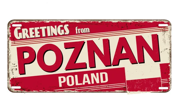 Greetings Poznan Vintage Rusty Metal Plate White Background Vector Illustration — Stock Vector