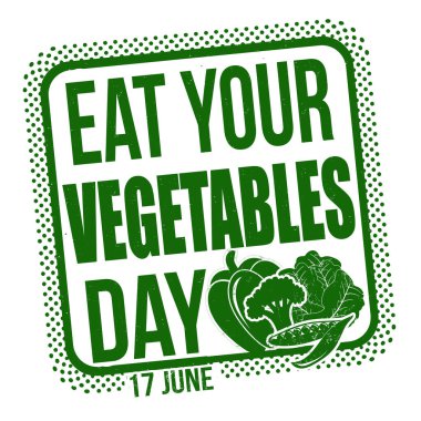 Sebzelerini ye. Beyaz arka planda kauçuk damgası, vektör illüstrasyonu.