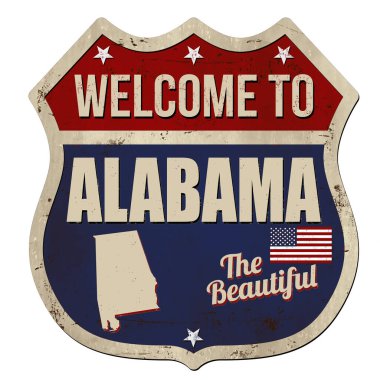 Beyaz arkaplandaki Alabama klasik paslı metal tabelasına hoş geldiniz.