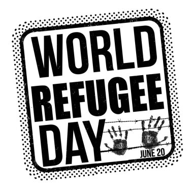 Beyaz arka planda dünya mülteci günü grunge kauçuk damgası, vektör illüstrasyonu
