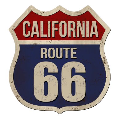 California, Route 66 vintage rusty metal sign on white background, vector illustration	