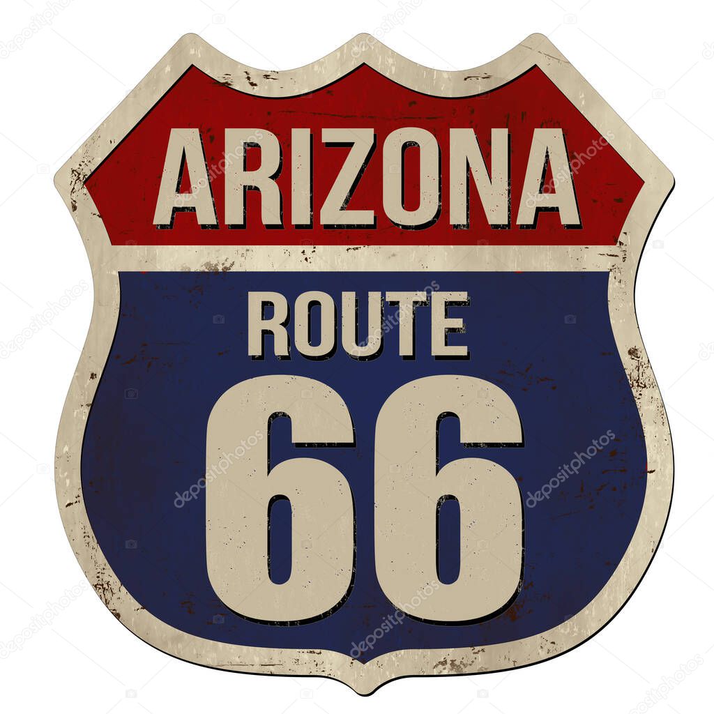 Arizona, Route 66 vintage rusty metal sign on white background, vector illustration	