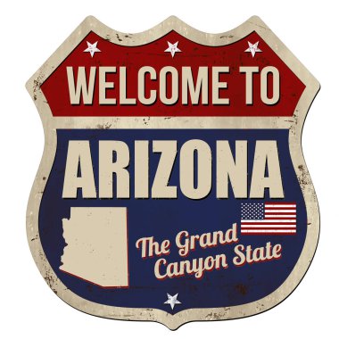 Beyaz arkaplandaki Arizona klasik paslı metal tabelasına hoş geldiniz.