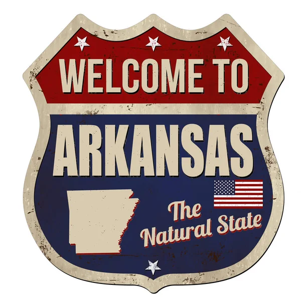 Welkom Bij Arkansas Vintage Roestig Metalen Bord Een Witte Achtergrond — Stockvector
