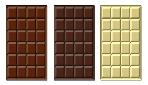 白色背景的牛奶 黑巧克力和白巧克力条 矢量插图 — 图库矢量图片