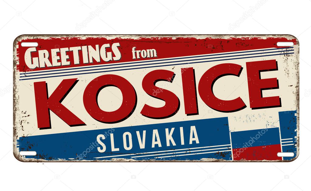 Greetings from Kosice vintage rusty metal plate on a white background, vector illustration
