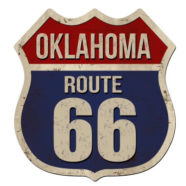Oklahoma, Route 66 beyaz arka planda paslı metal tabelası, vektör illüstrasyonu