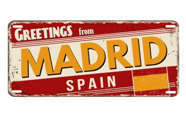 Beyaz arka planda Madrid 'in paslı metal plakasından selamlar, vektör illüstrasyonu