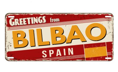 Beyaz zemin üzerinde Bilbao vintage metal plaka selamlar, vektör illüstrasyon