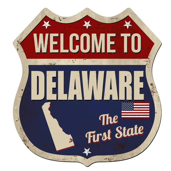 Bienvenue Delaware Vintage Rouillé Panneau Métallique Sur Fond Blanc Illustration — Image vectorielle