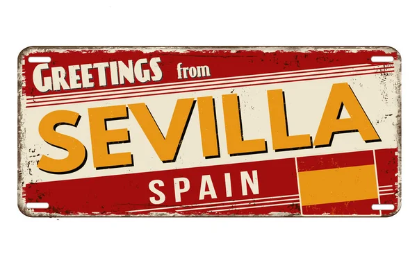 Greetings Sevilla Vintage Rusty Metal Plate White Background Vector Illustration — Stock vektor