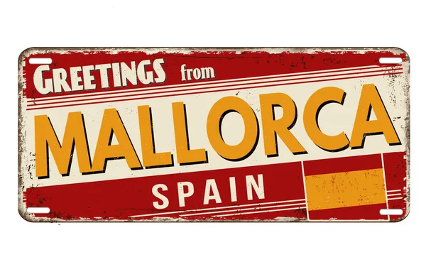 Greetings Mallorca Vintage Rusty Metal Plate White Background Vector Illustration — Stock Vector