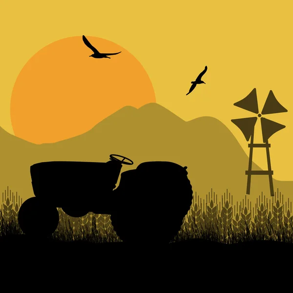 Silhouette of a farm tractor and windmill — Stock Vector