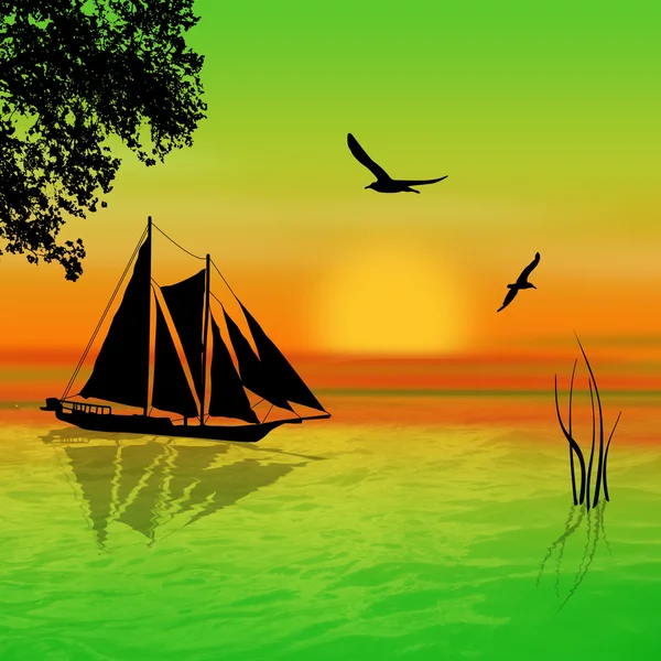 Sailboat on sunset landscape — Stock Photo, Image