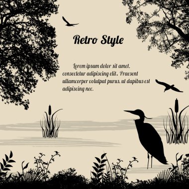 Göl kenarında Heron siluet