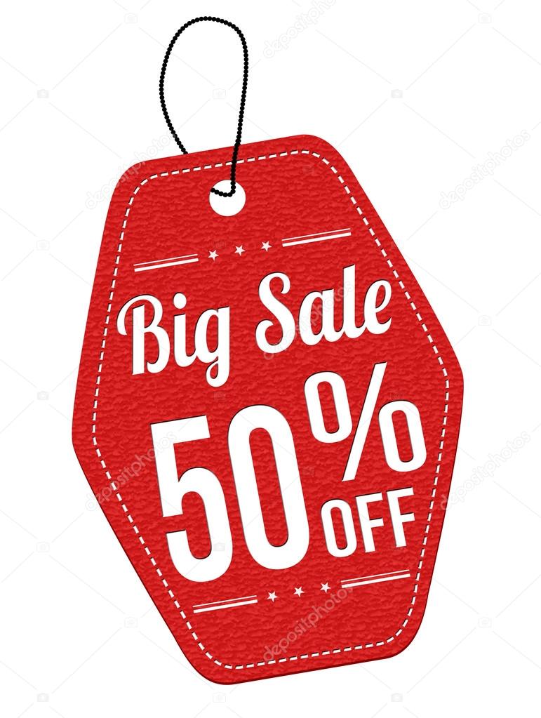 Big sale 50 off red leather label or price tag Stock Vector by