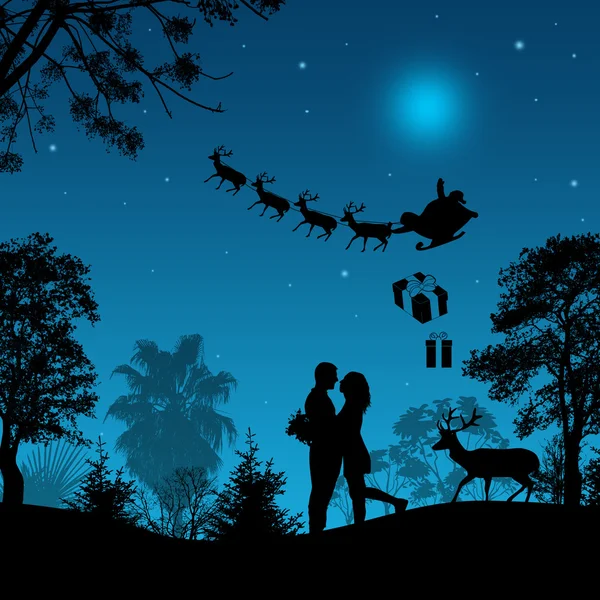 Lovers in beautiful blue night, with Santa 's sleigh — стоковый вектор