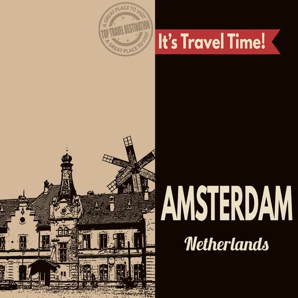 Amsterdam, retro plakat turystyczne — Wektor stockowy