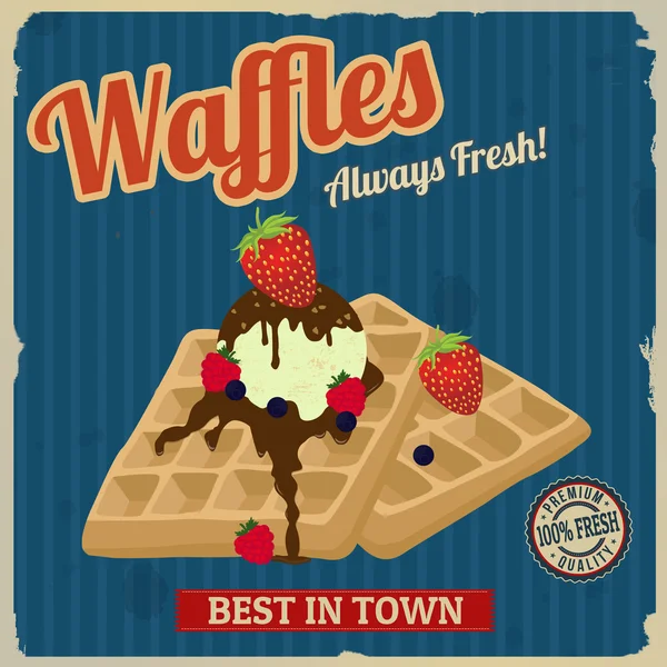 Waffles com chocolate, sorvete e bagas poster retro — Vetor de Stock