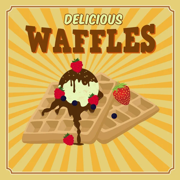 Waffles with chocolate, ice cream and berries retro poster — Stock Vector