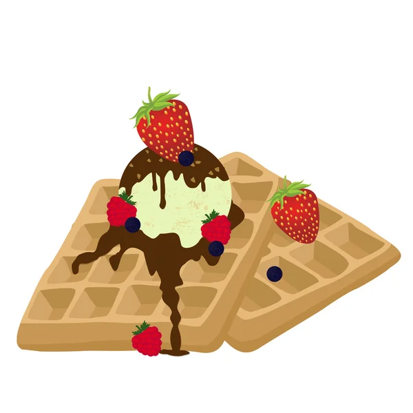 Waffles with chocolate, ice cream and berries on white — Stock Vector