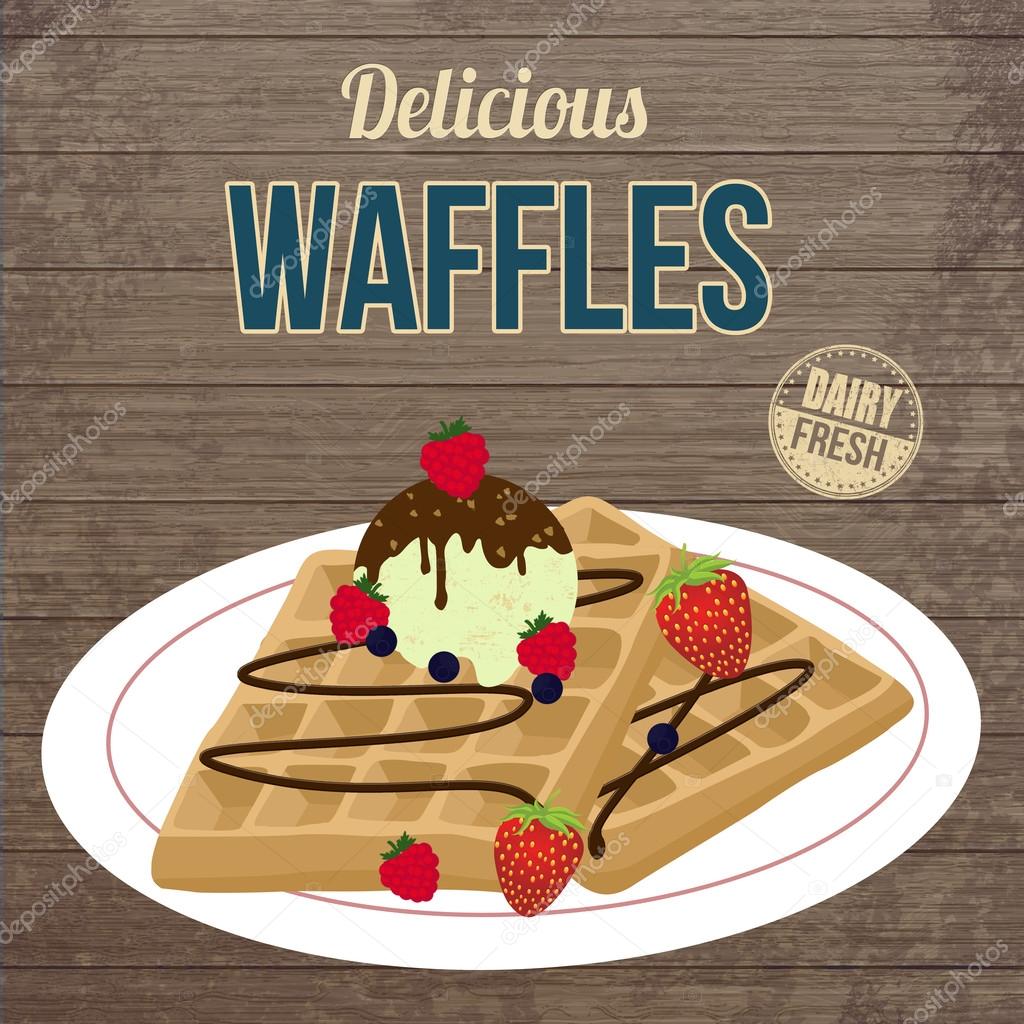 Waffles with chocolate, ice cream and berries retro poster