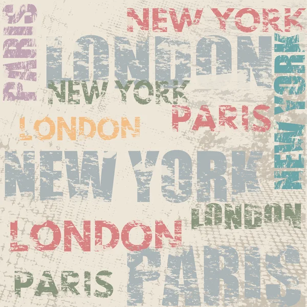 Diseño de póster tipográfico con nombres de ciudades Londres, París y Nueva York — Vector de stock