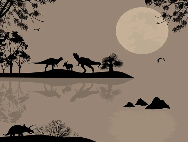 Dinosaurier-Silhouetten in schöner Landschaft — Stockvektor