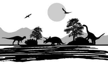 Dinosaurs silhouettes in beautiful landscape clipart