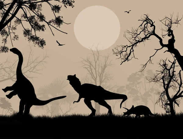 Silhouettes de dinosaures dans un beau paysage — Image vectorielle