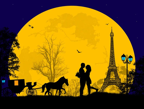 Carriage and lovers at night in Paris — Stock Vector